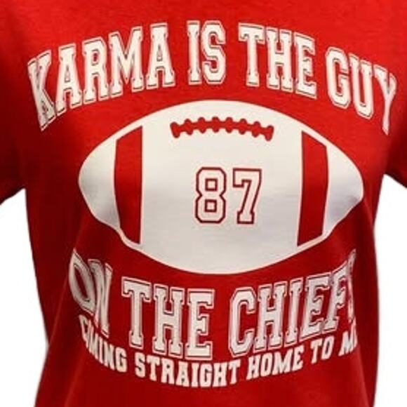 New Hand Printed Small Swift Karma is the 87 Guy on the Chiefs Superbowl Tee - Picture 2 of 5